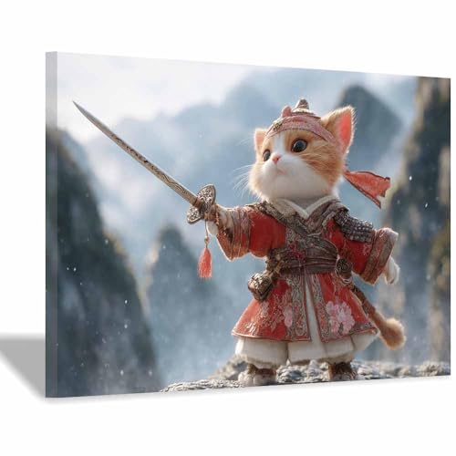 WUFIEA Leinwandbild mit Katzenmotiv, lustiges Tier Ritter-Mog Wohnzimmer Schlafzimmer Badezimmer Halloween Wanddekoration(Rot93)-40x60cm Gerahmt von WUFIEA