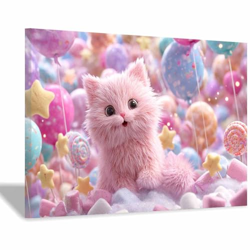 WUFIEA Leinwandbild mit Katzenmotiv, lustiges Tier Rosa Fellknäuel Wohnzimmer Schlafzimmer Badezimmer Halloween Wanddekoration(Watermelon rosa03)-60x90cm Gerahmt von WUFIEA