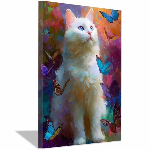 WUFIEA Leinwandbild mit Katzenmotiv, lustiges Tier Schmetterlingsbegleiter-Mog Wohnzimmer Schlafzimmer Badezimmer Halloween Wanddekoration(Blau Weiß174)-40x60cm Gerahmt von WUFIEA
