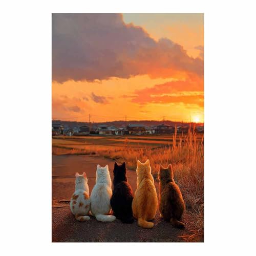 WUFIEA Leinwandbild mit Katzenmotiv, lustiges Tier Sonnenbeobachtender Mog Wohnzimmer Schlafzimmer Badezimmer Halloween Wanddekoration(Orange brennen282)-40x60cm Ungerahmt von WUFIEA