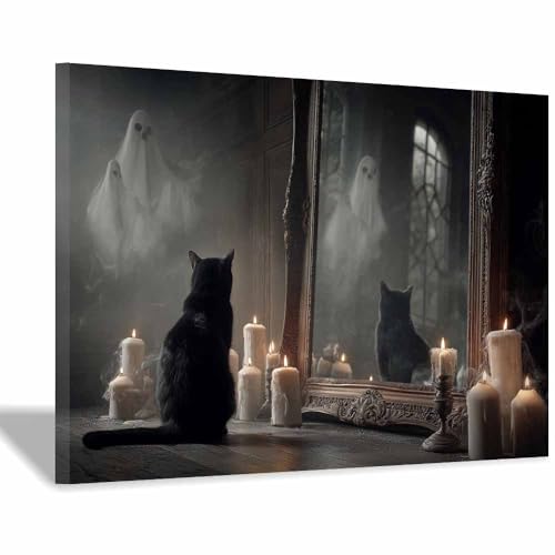 WUFIEA Leinwandbild mit Katzenmotiv, lustiges Tier Spiegel-Mog Wohnzimmer Schlafzimmer Badezimmer Halloween Wanddekoration(Kaffee Braun09)-70x100cm Gerahmt von WUFIEA