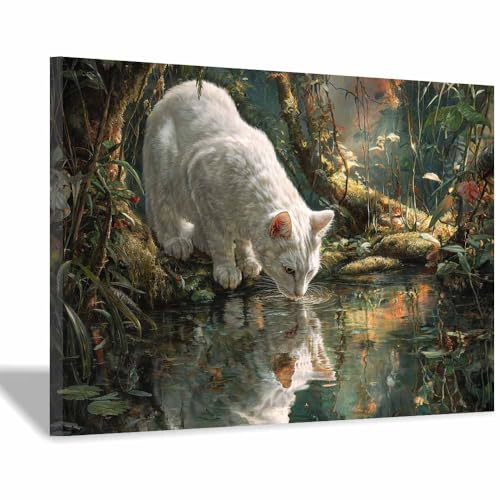 WUFIEA Leinwandbild mit Katzenmotiv, lustiges Tier Trinkwasser-Mog Wohnzimmer Schlafzimmer Badezimmer Halloween Wanddekoration(Dunkelgrün108)-40x60cm Gerahmt von WUFIEA