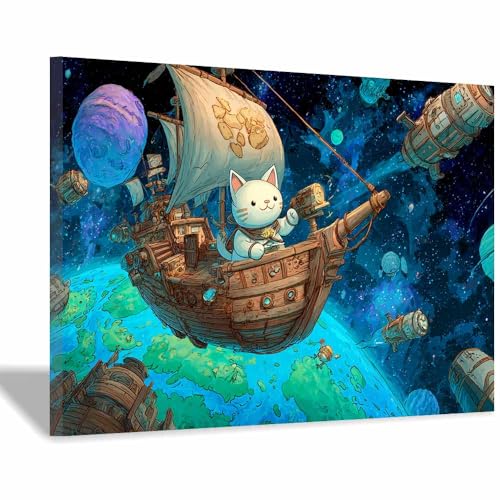 WUFIEA Leinwandbild mit Katzenmotiv, lustiges Tier Weltraummog Wohnzimmer Schlafzimmer Badezimmer Halloween Wanddekoration(Wasserentenblau72)-60x90cm Gerahmt von WUFIEA