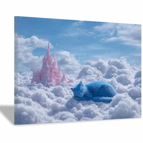WUFIEA Leinwandbild mit Katzenmotiv, lustiges Tier Wolken-Mog Wohnzimmer Schlafzimmer Badezimmer Halloween Wanddekoration(Blau Weiß27)-70x100cm Gerahmt von WUFIEA