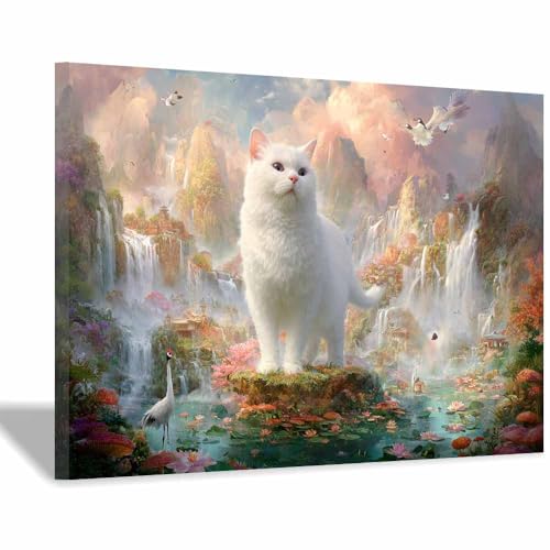 WUFIEA Leinwandbild mit Katzenmotiv, lustiges Tier Wunderland-Mog Wohnzimmer Schlafzimmer Badezimmer Halloween Wanddekoration(Lichtrosa114)-70x100cm Gerahmt von WUFIEA
