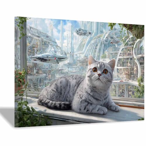 WUFIEA Leinwandbild mit Katzenmotiv, lustiges Tier Zukunfts-Mog Wohnzimmer Schlafzimmer Badezimmer Halloween Wanddekoration(Hellgrau99)-70x100cm Gerahmt von WUFIEA