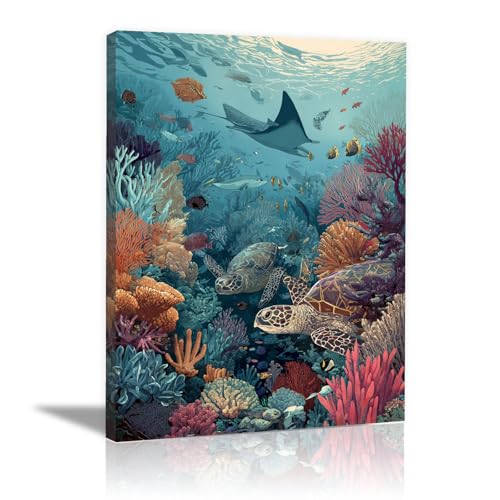 WUFIEA Leinwandbild mit Meerestieren Fische unter Wasser Tauchen Ozean Meereswelt Deko Schlafzimmer Aesthetic Wohnzimmer Gemälde Geschenk Room Decoration Kunstdruck(Blau)-70x100cm Gerahmt von WUFIEA