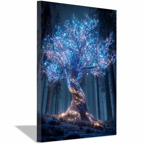 WUFIEA des Lebens Leinwand Bilder Baum auf Leinwandbilder Blauer Laternenbaum für Wohnzimmer Schlafzimmer(Violett)-60x80cm Gerahmt von WUFIEA