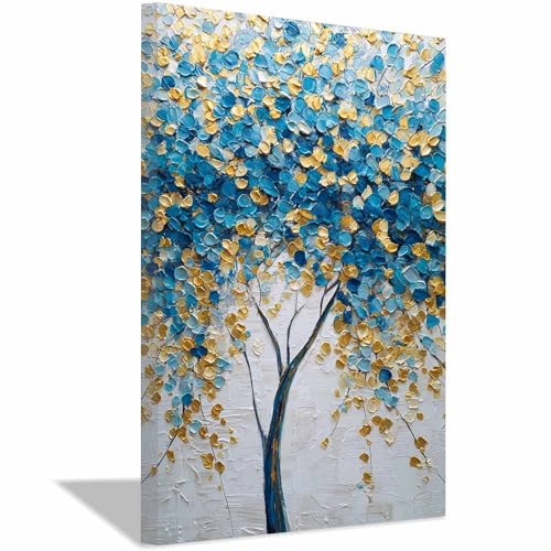 WUFIEA des Lebens Leinwand Bilder Baum auf Leinwandbilder Blaugoldbaum für Wohnzimmer Schlafzimmer(Blau)-60x90cm Gerahmt von WUFIEA