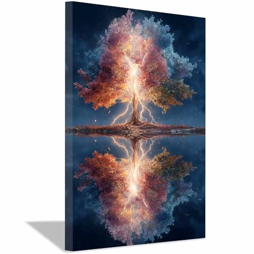 WUFIEA des Lebens Leinwand Bilder Baum auf Leinwandbilder Blitzbaum für Wohnzimmer Schlafzimmer(Hellgrau Violett)-70x100cm Gerahmt von WUFIEA