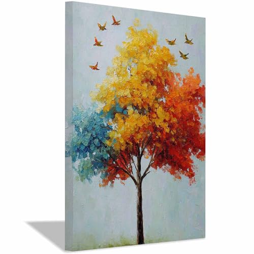 WUFIEA des Lebens Leinwand Bilder Baum auf Leinwandbilder Bunter Laubbaum für Wohnzimmer Schlafzimmer(Gelb)-60x90cm Gerahmt von WUFIEA