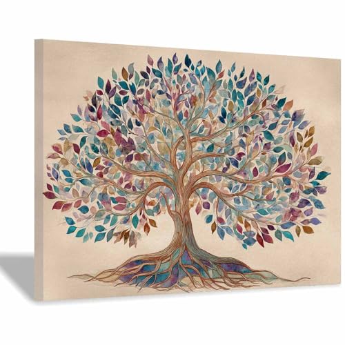 WUFIEA des Lebens Leinwand Bilder Baum auf Leinwandbilder Bunter Laubbaum für Wohnzimmer Schlafzimmer(Mehrfarbige)-70x100cm Gerahmt von WUFIEA