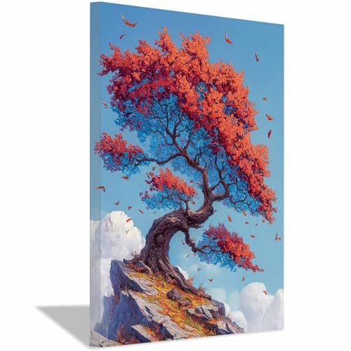 WUFIEA des Lebens Leinwand Bilder Baum auf Leinwandbilder Farbiger Felsenbaum für Wohnzimmer Schlafzimmer(Rot)-70x100cm Gerahmt von WUFIEA