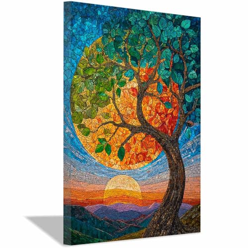 WUFIEA des Lebens Leinwand Bilder Baum auf Leinwandbilder Farbiger Ringbaum für Wohnzimmer Schlafzimmer(Orange)-60x80cm Gerahmt von WUFIEA