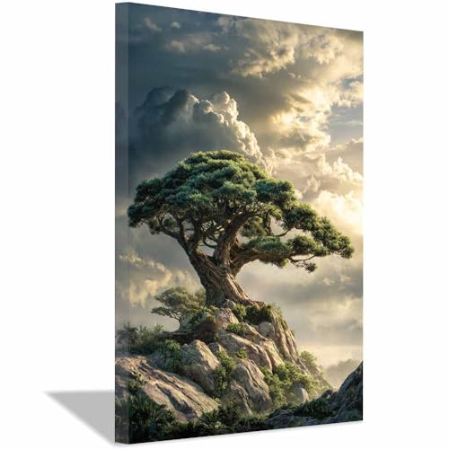 WUFIEA des Lebens Leinwand Bilder Baum auf Leinwandbilder Felsenbaum für Wohnzimmer Schlafzimmer(Grün)-40x60cm Gerahmt von WUFIEA