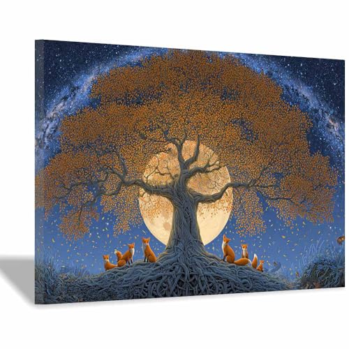 WUFIEA des Lebens Leinwand Bilder Baum auf Leinwandbilder Fuchs-Begleitbaum für Wohnzimmer Schlafzimmer(Orange)-40x60cm Gerahmt von WUFIEA