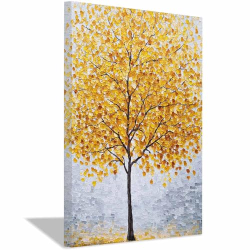 WUFIEA des Lebens Leinwand Bilder Baum auf Leinwandbilder Goldblattbaum für Wohnzimmer Schlafzimmer(Gelb)-40x60cm Gerahmt von WUFIEA