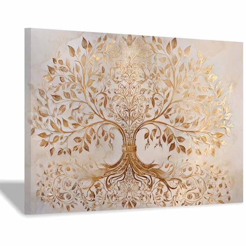 WUFIEA des Lebens Leinwand Bilder Baum auf Leinwandbilder Goldener Baum für Wohnzimmer Schlafzimmer(Champagnerfarbe)-60x80cm Gerahmt von WUFIEA
