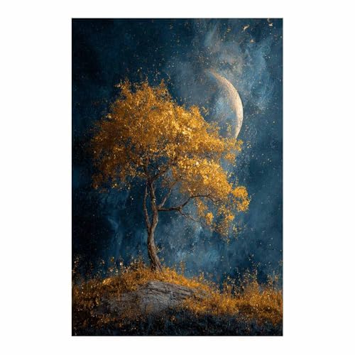 WUFIEA des Lebens Leinwand Bilder Baum auf Leinwandbilder Goldener Mondbaum für Wohnzimmer Schlafzimmer(Bronze Farbe)-60x80cm Ungerahmt von WUFIEA