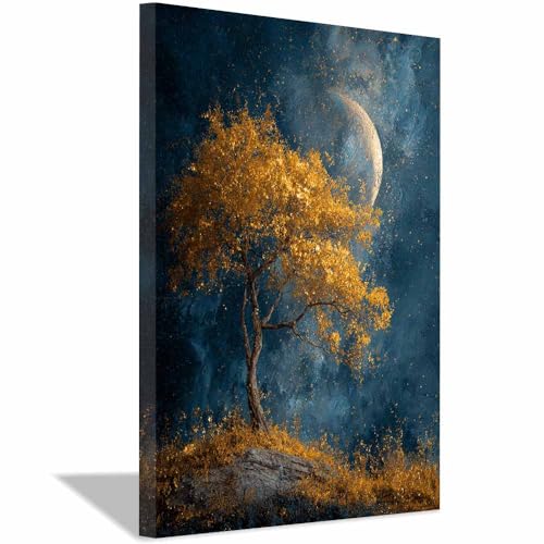 WUFIEA des Lebens Leinwand Bilder Baum auf Leinwandbilder Goldener Mondbaum für Wohnzimmer Schlafzimmer(Bronze Farbe)-60x90cm Gerahmt von WUFIEA