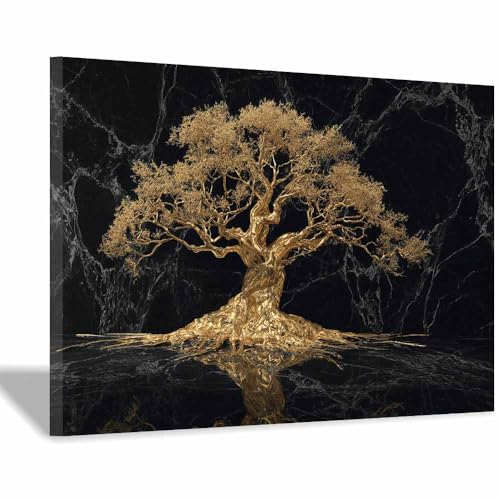 WUFIEA des Lebens Leinwand Bilder Baum auf Leinwandbilder Goldener Skulpturenbaum für Wohnzimmer Schlafzimmer(schwarz)-60x90cm Gerahmt von WUFIEA