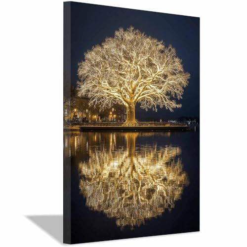 WUFIEA des Lebens Leinwand Bilder Baum auf Leinwandbilder Goldglühbaum für Wohnzimmer Schlafzimmer(Goldene)-70x100cm Gerahmt von WUFIEA