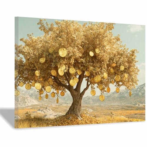 WUFIEA des Lebens Leinwand Bilder Baum auf Leinwandbilder Goldmünzenbaum für Wohnzimmer Schlafzimmer(Goldene)-70x100cm Gerahmt von WUFIEA