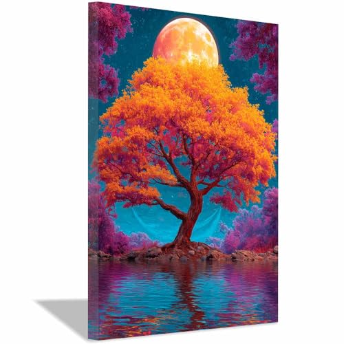 WUFIEA des Lebens Leinwand Bilder Baum auf Leinwandbilder Lila Orangen Baum für Wohnzimmer Schlafzimmer(Orange)-40x60cm Gerahmt von WUFIEA