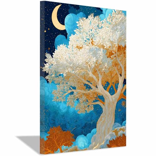 WUFIEA des Lebens Leinwand Bilder Baum auf Leinwandbilder Mondwolkenbaum für Wohnzimmer Schlafzimmer(Orange)-60x80cm Gerahmt von WUFIEA