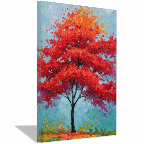 WUFIEA des Lebens Leinwand Bilder Baum auf Leinwandbilder Roter Flammenbaum für Wohnzimmer Schlafzimmer(Rosenrot)-20x30cm Gerahmt von WUFIEA