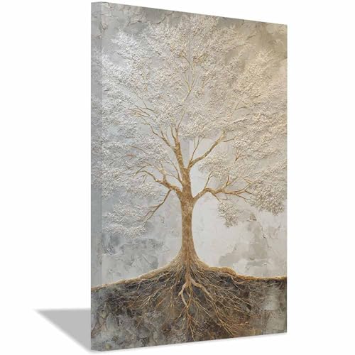 WUFIEA des Lebens Leinwand Bilder Baum auf Leinwandbilder Silberner Wurzelbaum für Wohnzimmer Schlafzimmer(Rostbraun)-70x100cm Gerahmt von WUFIEA