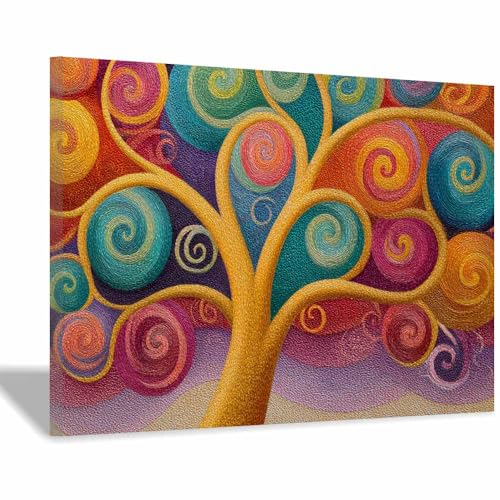 WUFIEA des Lebens Leinwand Bilder Baum auf Leinwandbilder Spiralbaum für Wohnzimmer Schlafzimmer(Gelb)-60x80cm Gerahmt von WUFIEA