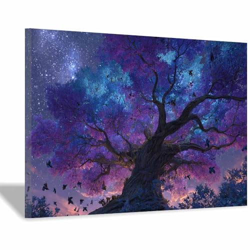 WUFIEA des Lebens Leinwand Bilder Baum auf Leinwandbilder Sternenhimmelbaum für Wohnzimmer Schlafzimmer(Violett)-70x100cm Gerahmt von WUFIEA