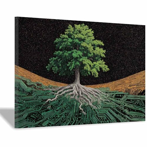 WUFIEA des Lebens Leinwand Bilder Baum auf Leinwandbilder Technologiebaum für Wohnzimmer Schlafzimmer(Dunkelgrün)-60x80cm Gerahmt von WUFIEA