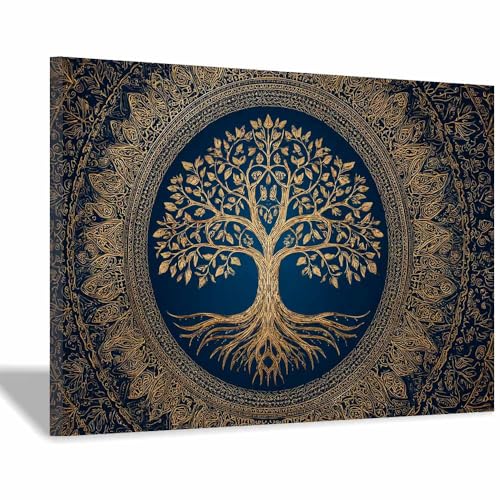 WUFIEA des Lebens Leinwand Bilder Baum auf Leinwandbilder Totembaum für Wohnzimmer Schlafzimmer(Bleu verstecken)-60x90cm Gerahmt von WUFIEA