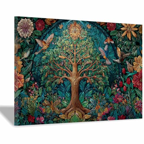 WUFIEA des Lebens Leinwand Bilder Baum auf Leinwandbilder Vogel- und Blütenbaum für Wohnzimmer Schlafzimmer(Grün)-60x90cm Gerahmt von WUFIEA