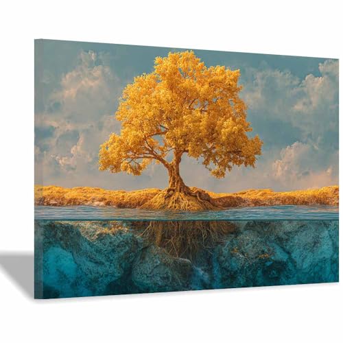 WUFIEA des Lebens Leinwand Bilder Baum auf Leinwandbilder Wasserbaum für Wohnzimmer Schlafzimmer(Gelb)-70x100cm Gerahmt von WUFIEA