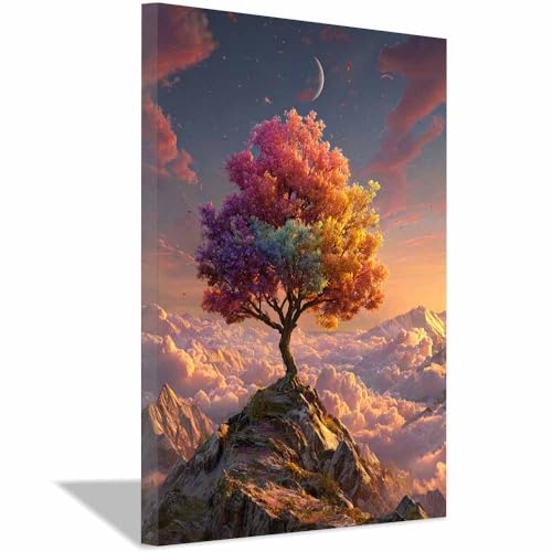 WUFIEA des Lebens Leinwand Bilder Baum auf Leinwandbilder Wolkengipfelbaum für Wohnzimmer Schlafzimmer(Orange)-20x30cm Gerahmt von WUFIEA