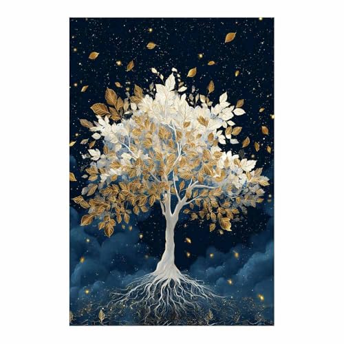 WUFIEA des Lebens Leinwand Bilder Baum auf Leinwandbilder Wolkengoldener Baum für Wohnzimmer Schlafzimmer(Weiß)-60x90cm Ungerahmt von WUFIEA