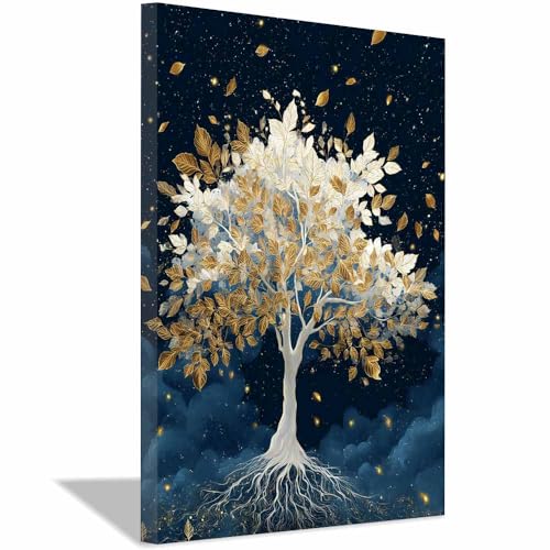 WUFIEA des Lebens Leinwand Bilder Baum auf Leinwandbilder Wolkengoldener Baum für Wohnzimmer Schlafzimmer(Weiß)-70x100cm Gerahmt von WUFIEA