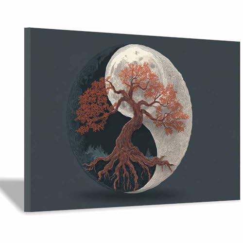 WUFIEA des Lebens Leinwand Bilder Baum auf Leinwandbilder Yin-Yang-Baum für Wohnzimmer Schlafzimmer(Schwarz Weiß)-70x100cm Gerahmt von WUFIEA