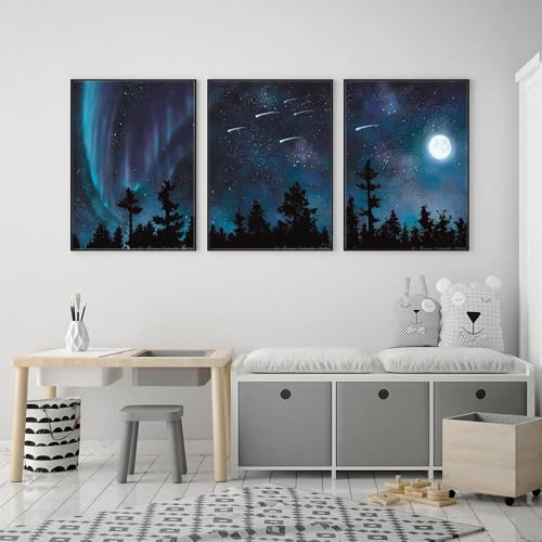 Kunstbilder-Abstrakte Kunstdrucke Aurora Borealis Leinwand Poster Sterne Nachthimmel Mond Bäume Malerei Bilder Wand Kunstdruck Bedoom Startseite Decor-50*60cm*3/20*24Zoll*3 Stück (ohne Rahmen) von WUHBCZ