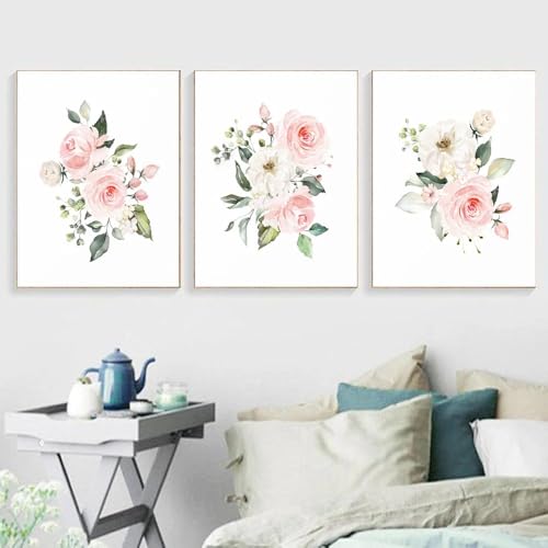 Kunstbilder-Rosa Frische Blumen Wandkunst Abstrakte Leinwand Malerei Nordische Poster Drucke Wandbilder Wohnzimmer Küche Büro Schlafzimmer Zimmer Wohnkultur-50*60cm*3/20*24Zoll*3 Stück (ohne Rahmen) von WUHBCZ