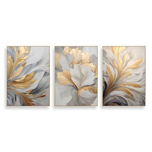 Kunstdrucke-Abstrakte Gold Graublumen Wandkunst Leinwand Poster Moderner Federdruck Wandmalerei Schlafzimmer Wohnzimmer Küche Büro Zuhause Zimmer Dekoration-40*60cm*3/16*24Zoll*3 Stück (ohne Rahmen) von WUHBCZ
