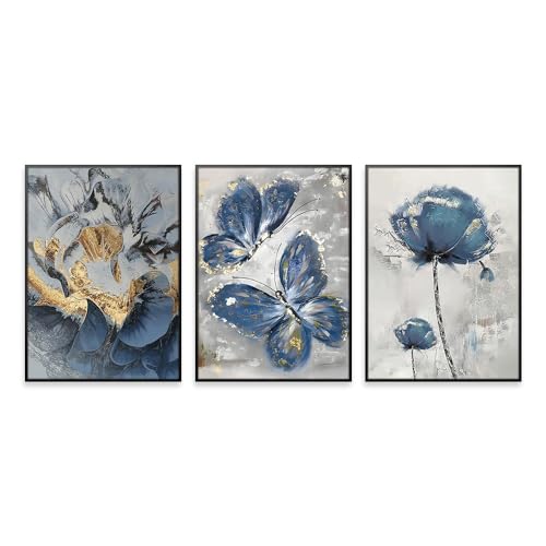 Kunstdrucke-Retro Abstrakte Blaue Blume Leinwand Wandkunst Poster Moderne Wasserfarbe Schmetterling Wandmalerei Schlafzimmer Wohnzimmer Büro Dekor Ästhetik-30*50cm*3/12*20Zoll*3 Stück (ohne Rahmen) von WUHBCZ