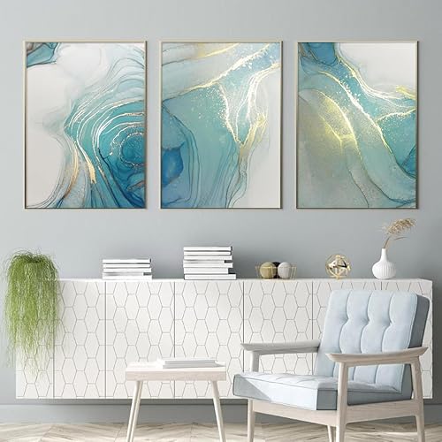 Kunstposter - 3-Teilig Abstraktes Marmor-Türkis-Gold-Flüssigkeitsposter Wandkunst Leinwandgemälde Drucke Bilder Wohnzimmer Inneneinrichtung Zuhause Büro Dekoration - 60*80 Cm - 3Stück (Ohne Rahmen) von WUHBCZ