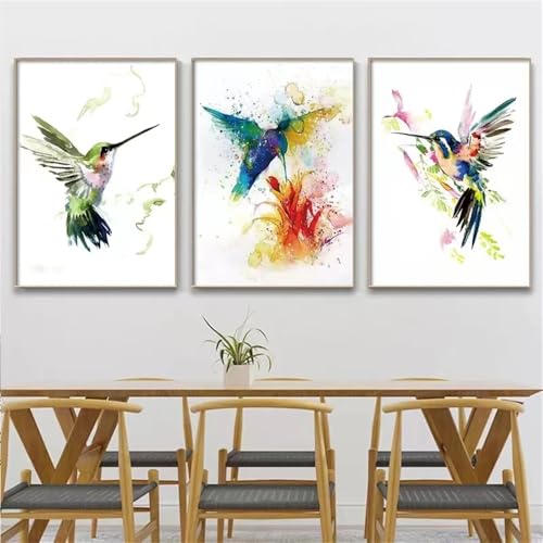 Leinwand Wandkunst,3 Bilder Set-Abstrakte Bunte Vogelnektar Wandkunst auf Leinwand Aquarelldrucke Bilder für Wohnzimmer Küche Büro Schlafzimmer Haus Zimmer Dekoration-50*60cm/20*24 Zoll(ohne Rahmen) von WUHBCZ