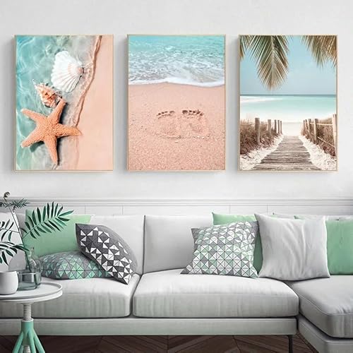Leinwanddrucke,3 Stück-Abstrakte Strand Kokospalme Seestern Brücke Auto Seascape Poster und Drucke Wand Kunst Leinwand Malerei Wand Bilder für Wohnzimmer Dekor-60 * 70cm/(24 * 27 Zoll) Ungerahmt von WUHBCZ