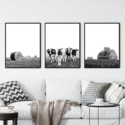 WUHBCZ Kunstplakate - 3-Teilig Kühe Scheune Heu Schwarz-Weiß-Fotografie Plakate und Drucke Bauernhaus-Wandkunst Leinwandgemälde Bilder Heimküche Bürodekoration - 50 * 70 Cm - 3 Stück (Ohne Rahmen) von WUHBCZ