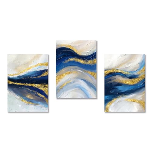 WUHBCZ Wandkunst-Blau Gold Abstrakte Wandkunst Moderne Leinwand Malerei Gemälde Bild Wand für Wohnzimmer Küche Büro Schlafzimmer Dekoration-50 * 60cm*3/20 * 24Zoll*3 Stück (ohne Rahmen) von WUHBCZ